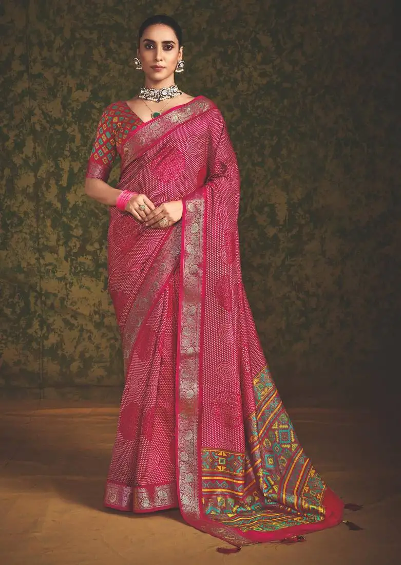 Pink velvet tussar silk blend foilprint saree with unstitched blouse