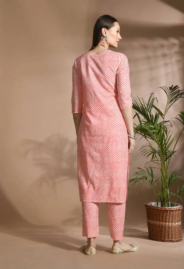 Pink cotton printed & embroidred work kurta bottom dupatta set