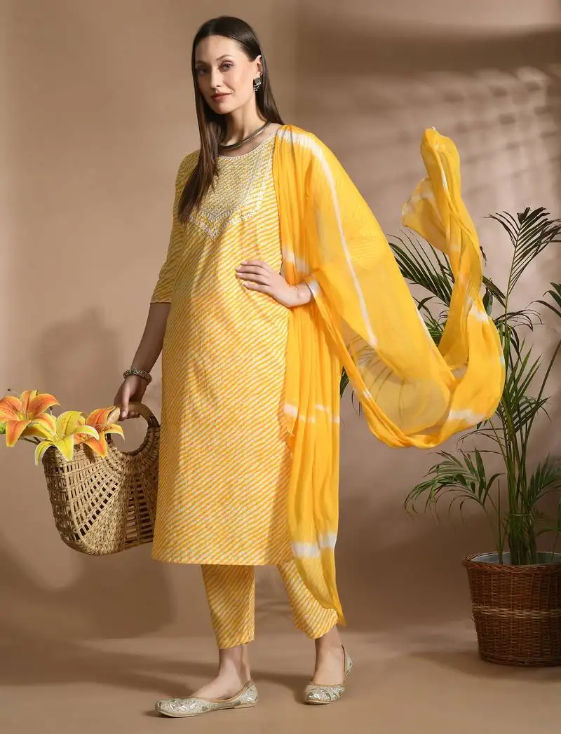 Yellow cotton printed & embroidred work kurta bottom dupatta set