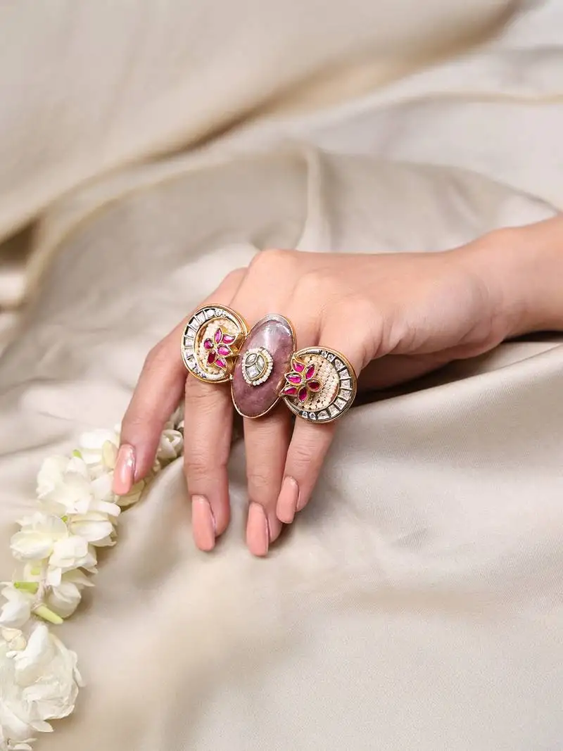 Gold plated kundan pink stone ring