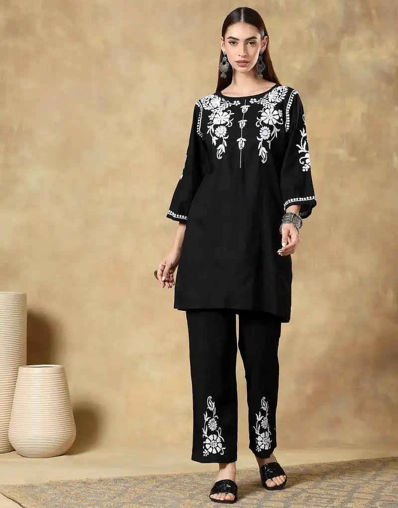 Black embroidered chikankari co-ord set stitched
