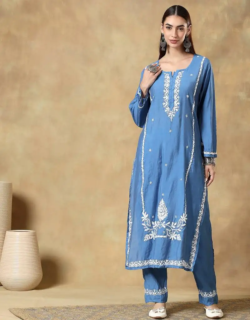 Sky blue embroidered chanderi kurta sets stitched