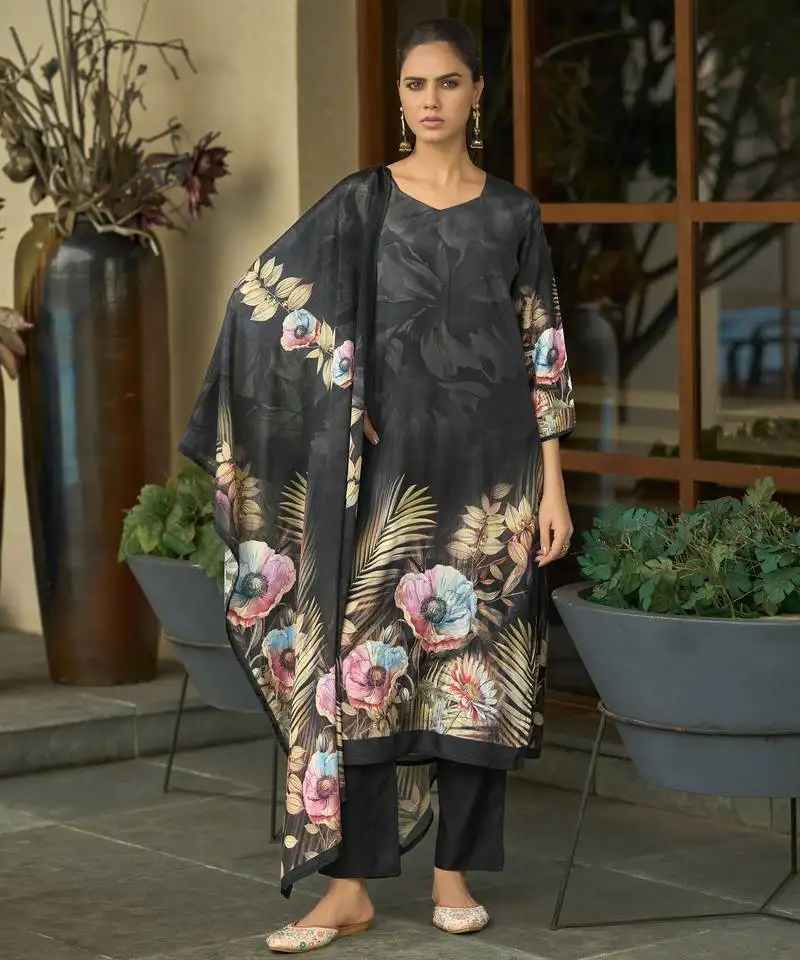 Black silk crepe hand wash printed straight kurta with comfort fitting pant & printed dupatta stitched