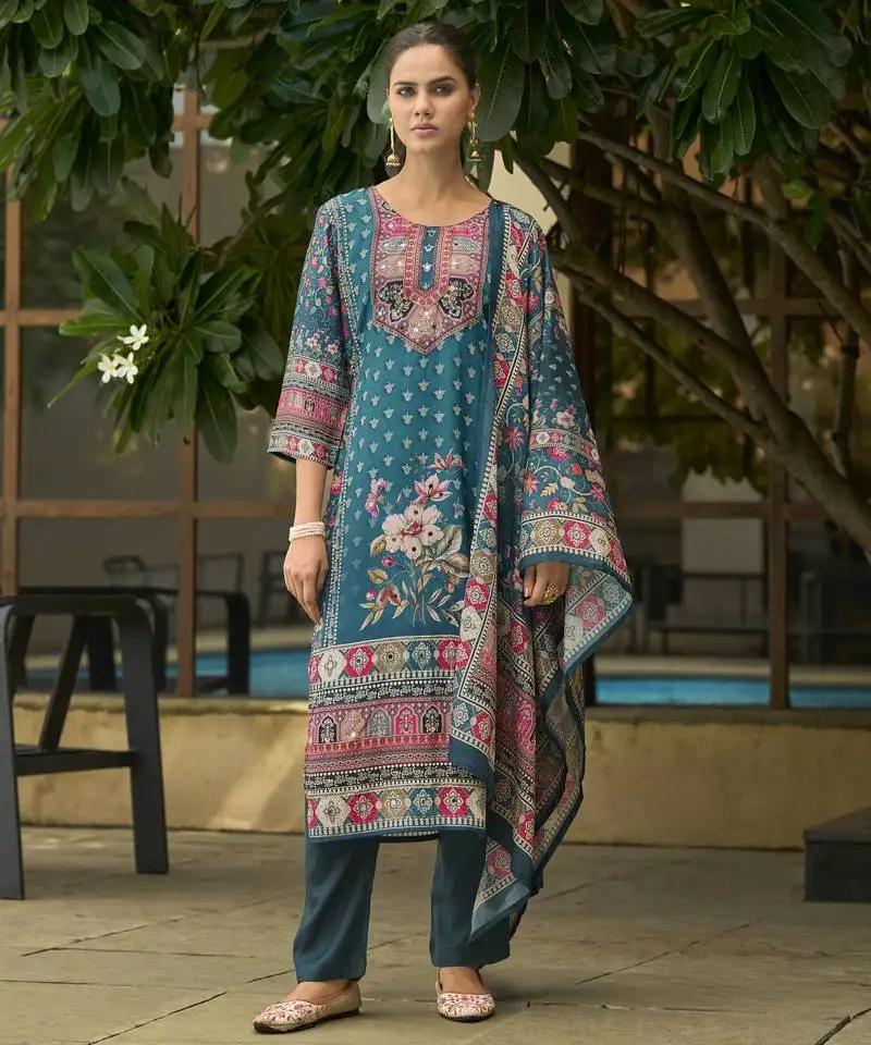 Teal silk crepe hand wash printed straight kurta with comfort fitting pant & printed dupatta stitched