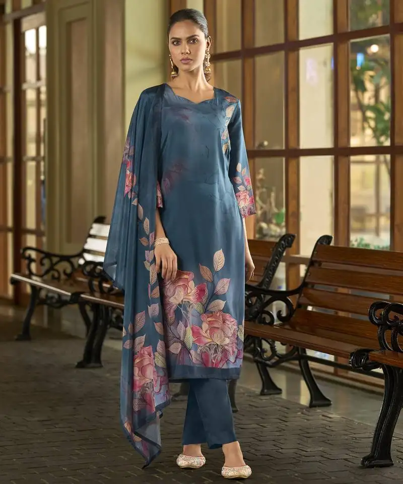 Teal blue silk crepe hand wash printed straight kurta with comfort fitting pant & printed dupatta stitched