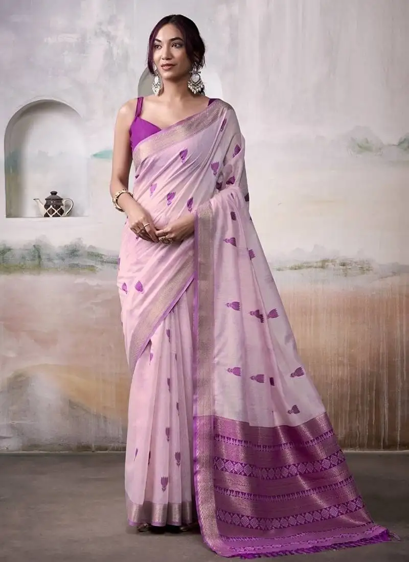 Light pink & purple cotton weaving zari border casual wear saree