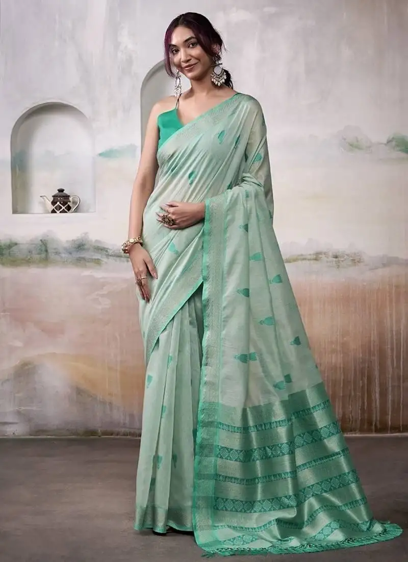 Light turquoise cotton weaving zari border casual wear saree