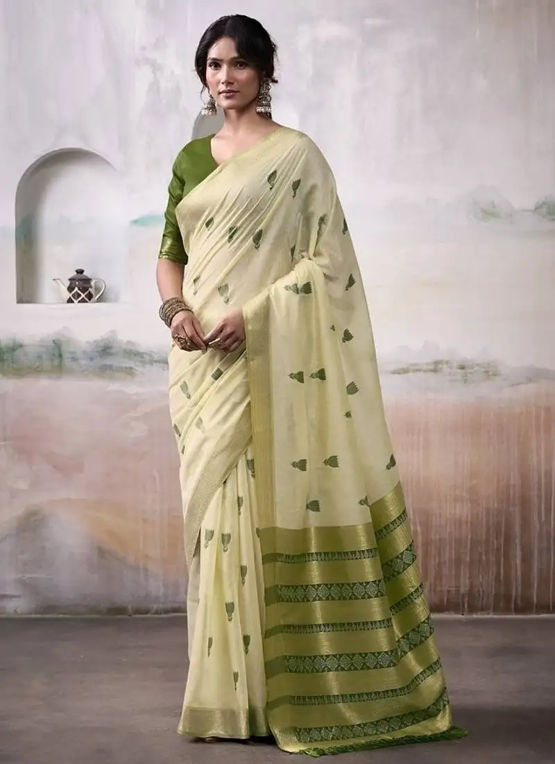 Cream & olive cotton weaving zari border casual wear saree