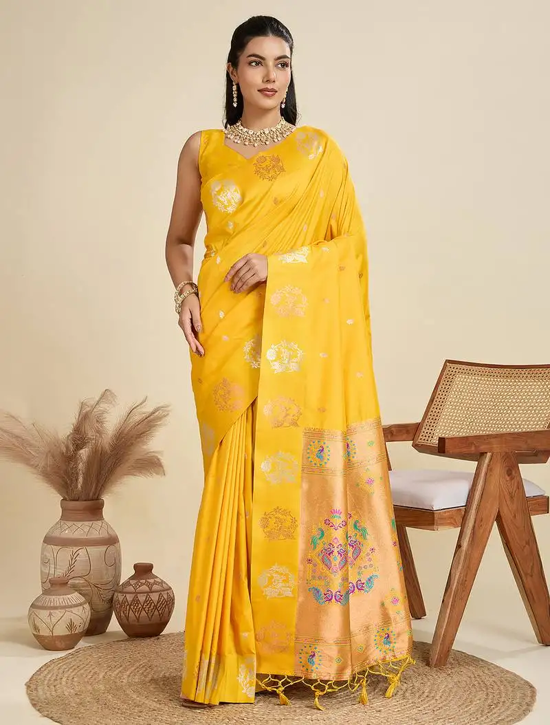 Yellow soft kanjivaram paithani silk zari woven designer saree with blouse