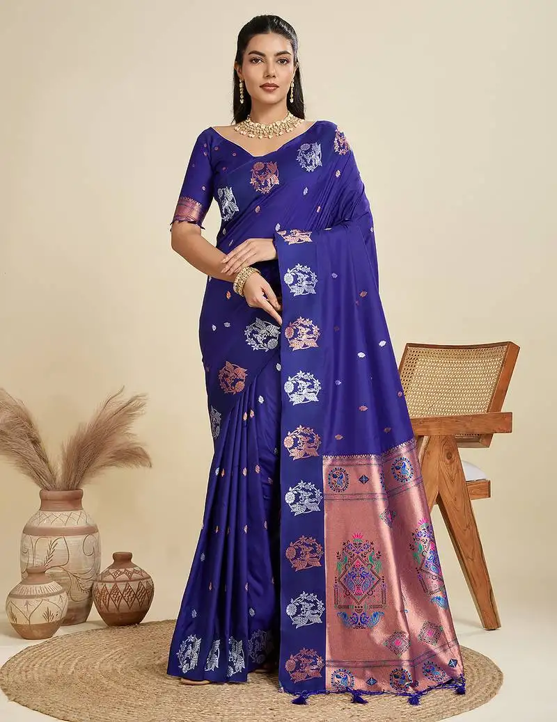 Blue soft kanjivaram paithani silk zari woven designer saree with blouse
