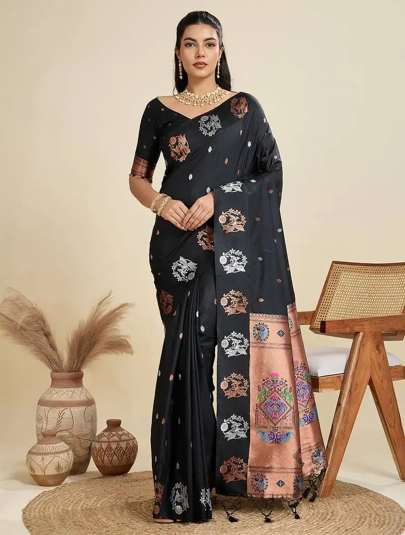 Black soft kanjivaram paithani silk zari woven designer saree with blouse