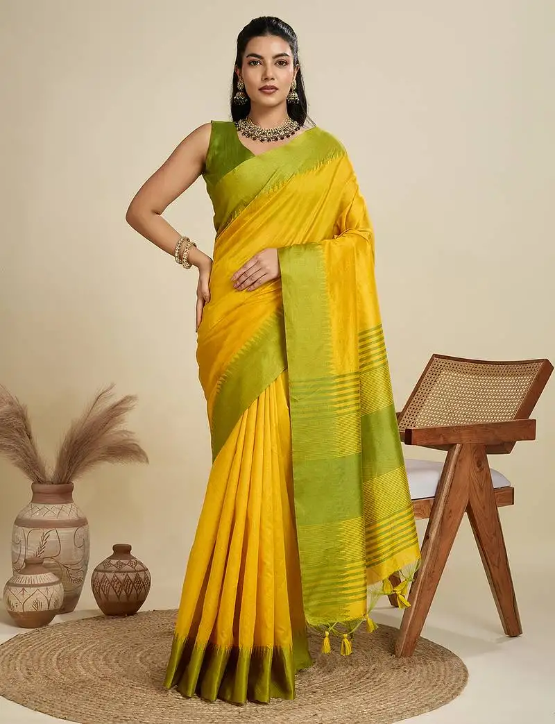 Yellow khadi raw silk temple woven border designer saree with blouse