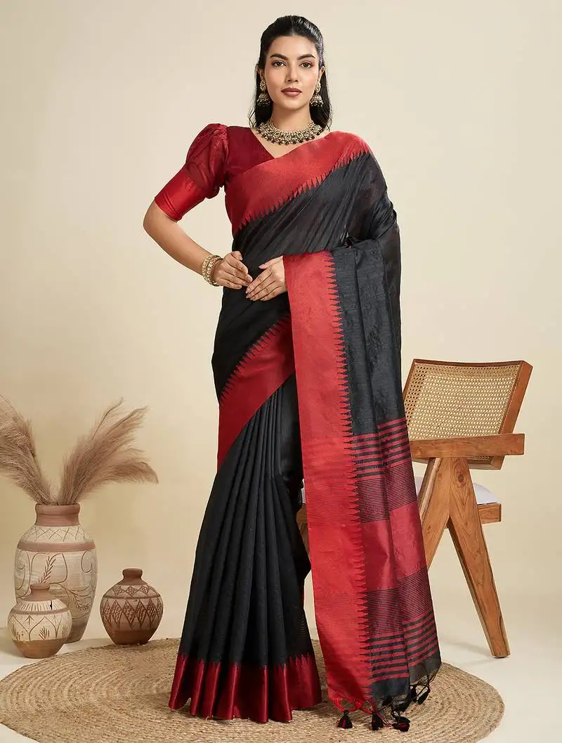 Black khadi raw silk temple woven border designer saree with blouse