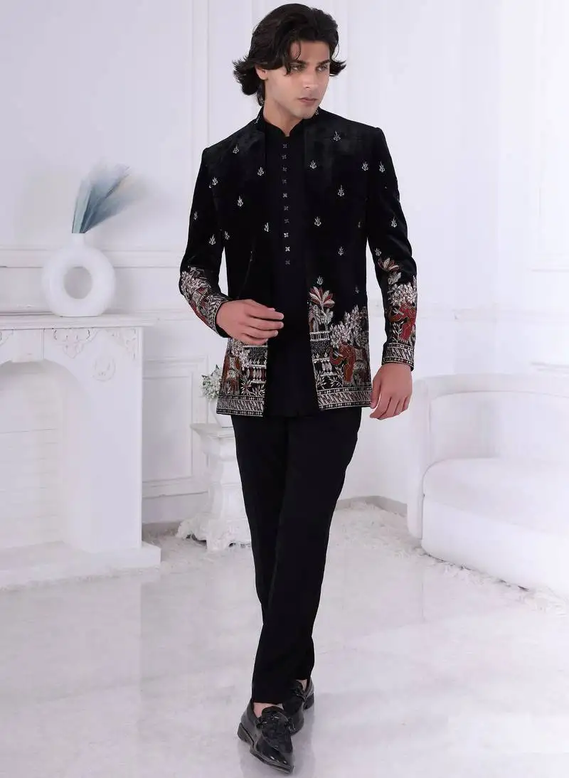 Black velvet embroidered indo western for mens