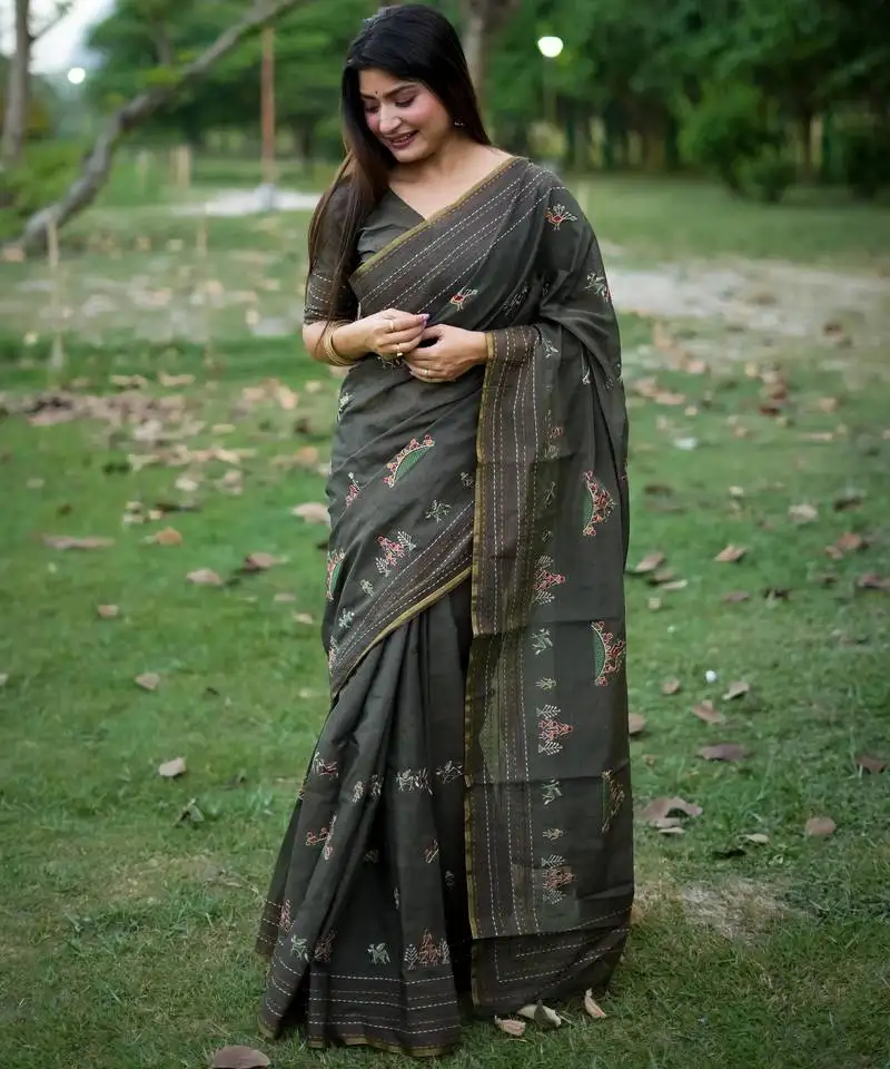 Black tussar silktraditional thread work designer saree with blouse