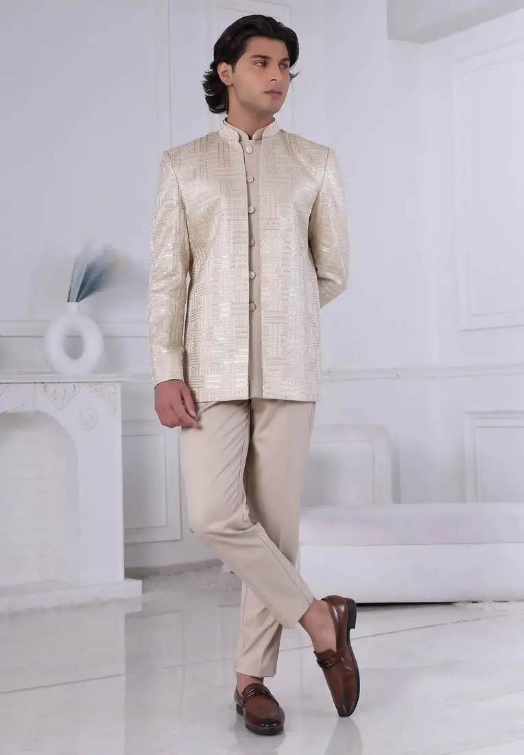 White silk embroidered indo western for mens