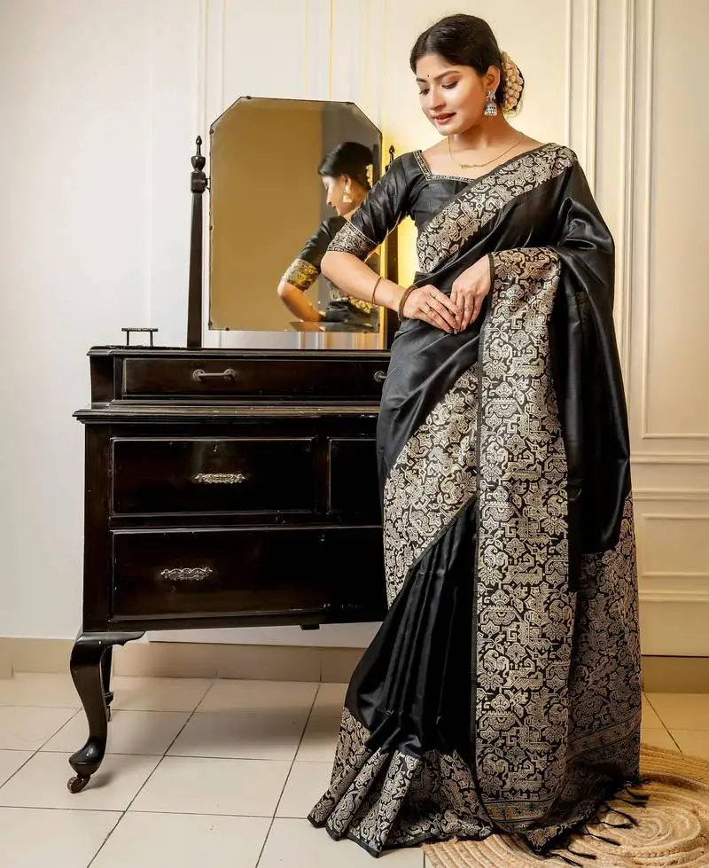 Black handloom raw silk weaving designer saree with blouse