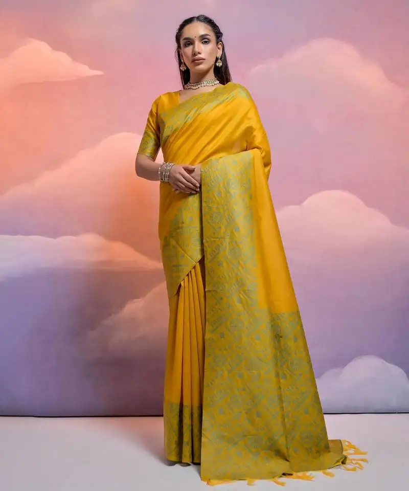 Yellow handloom raw silk weaving designer saree with blouse