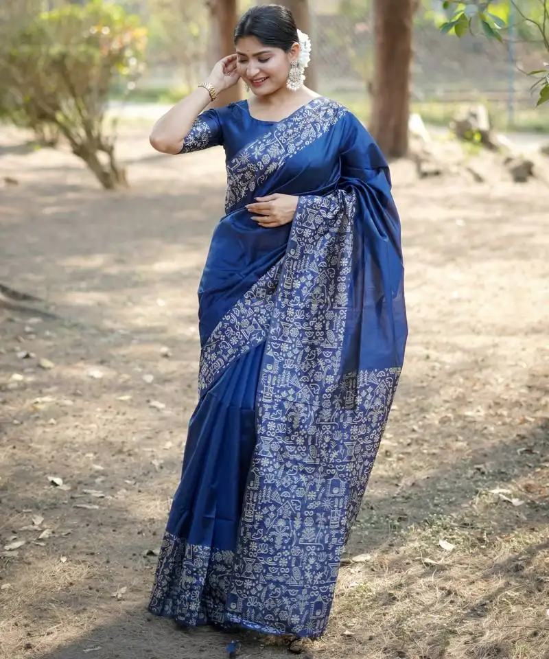 Blue handloom raw silk weaving designer saree with blouse