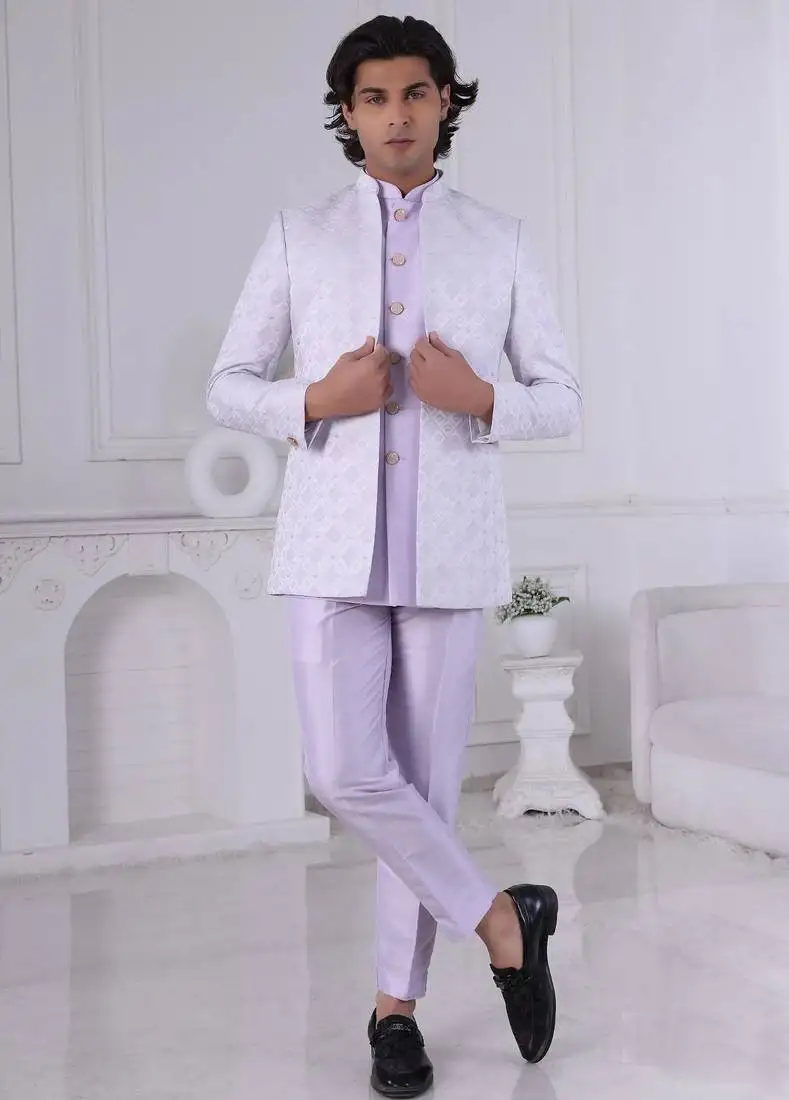 Purple jacquard embroidered indo western for mens