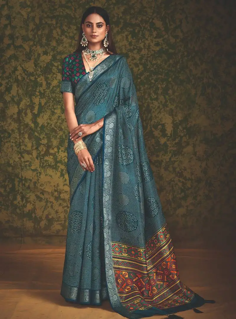 Blue velvet tussar silk blend foilprint saree with unstitched blouse