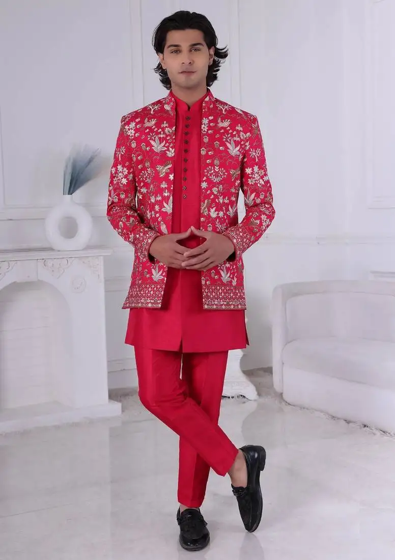 Red silk embroidered indo western for mens
