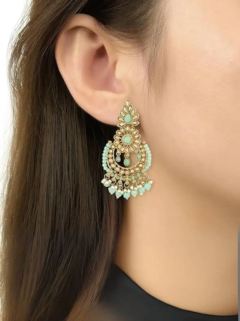 18k chandbali kundan studded & beaded earrings for women
