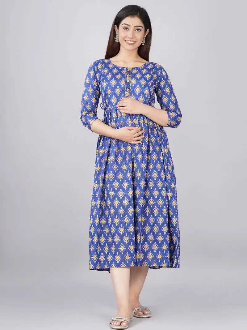 Blue floral printed pure cotton flared maternity maxi dress