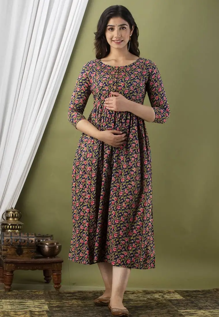 Dark blue floral printed pure cotton flared maternity maxi dress
