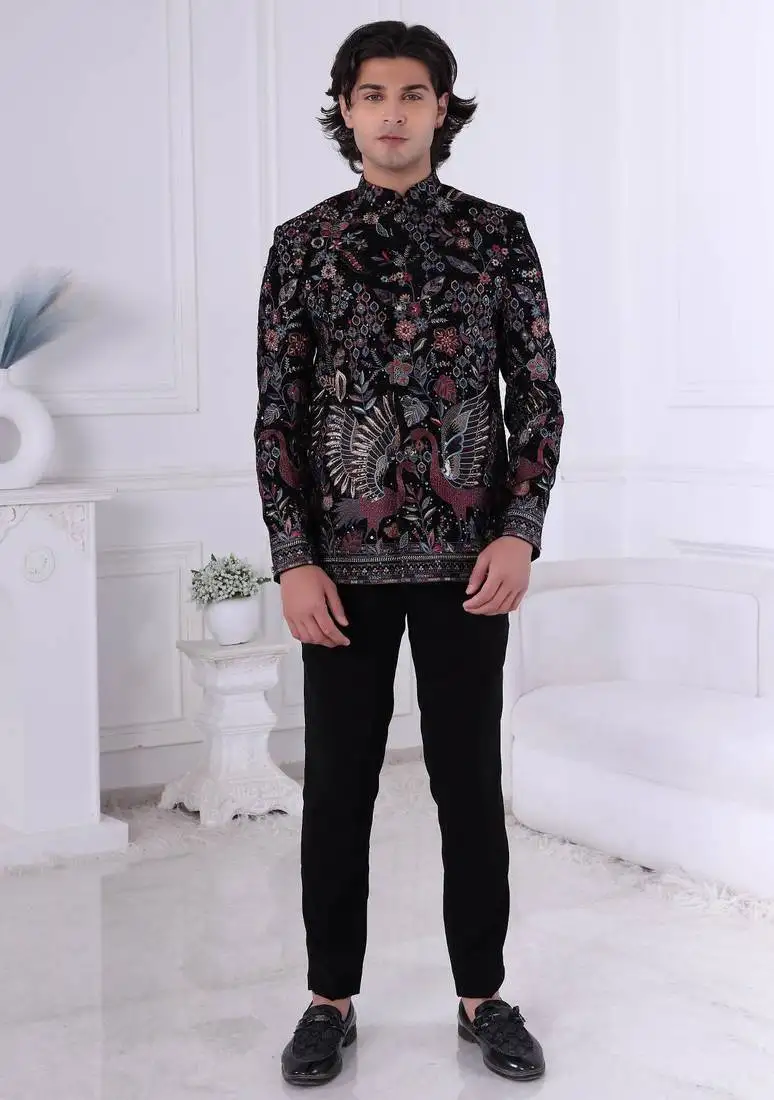 Black velvet embroidered bandhgala for mens