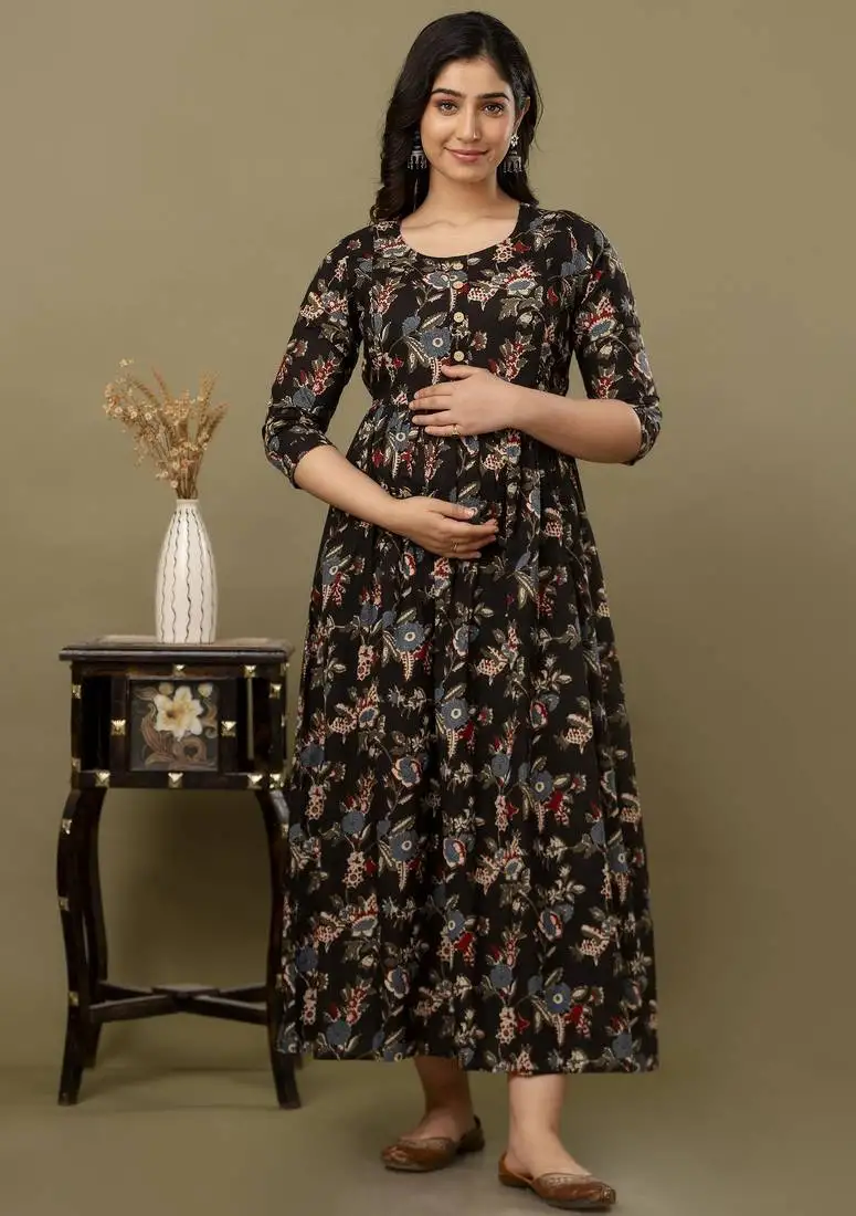 Black floral printed pure cotton flared maternity maxi dress