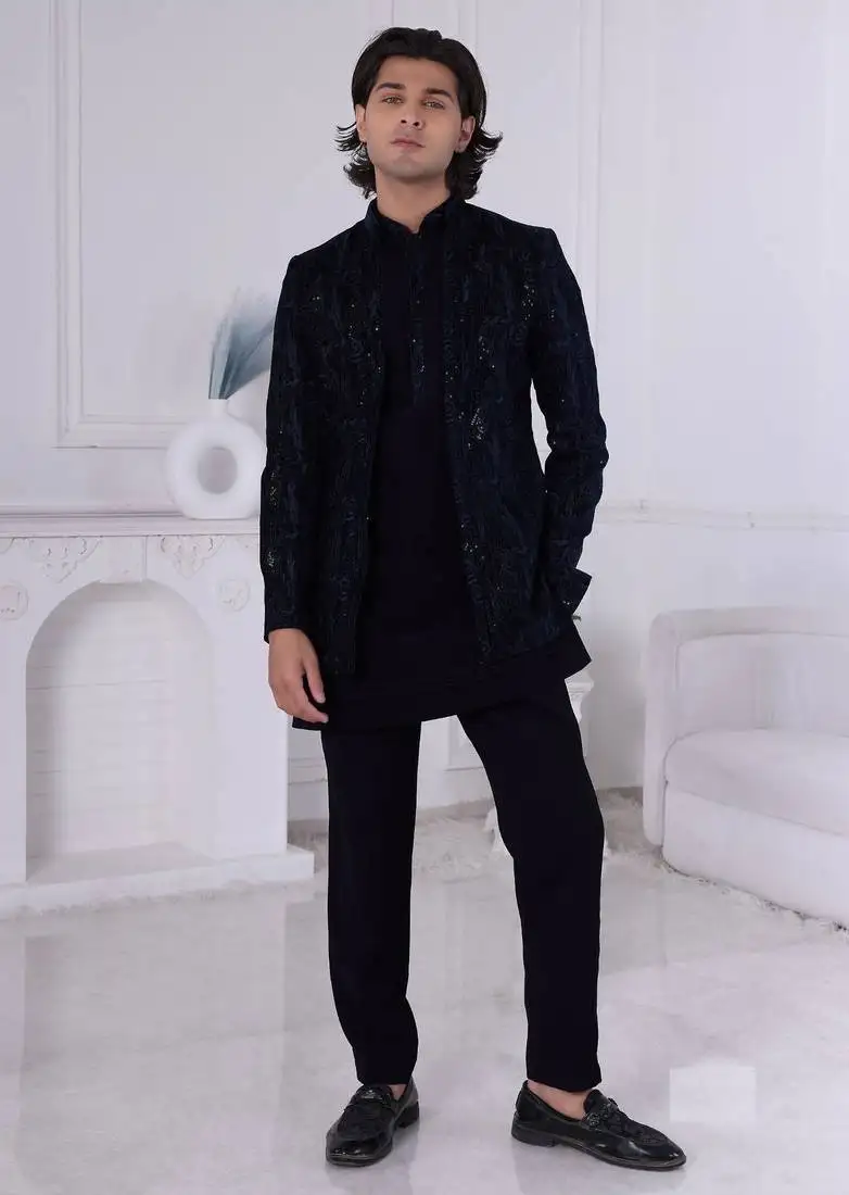 Blue velvet embroidered indo western for mens