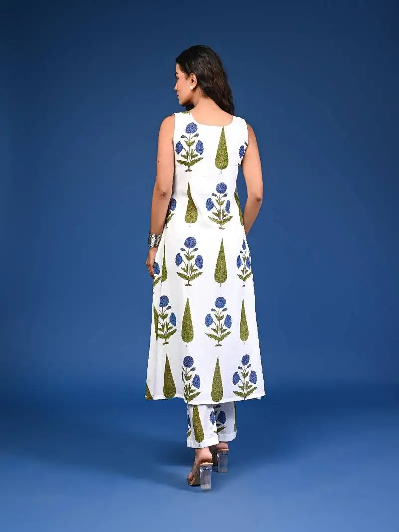 White blue cotton handblock a-linecoord