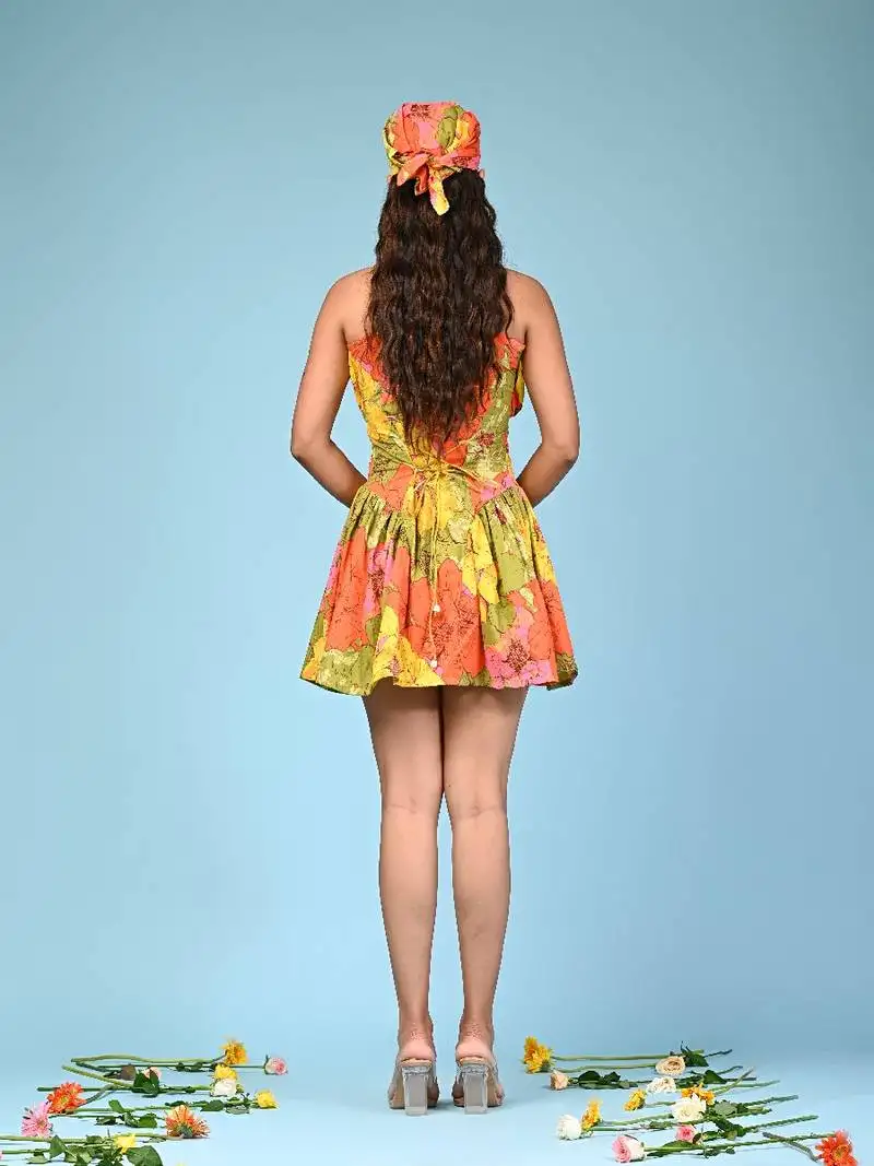 Multicolour printed cotton corset dress