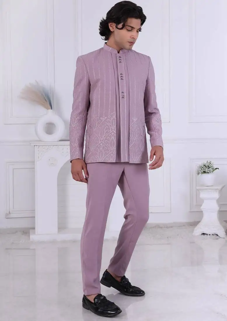 Purple silk embroidered indo western for mens