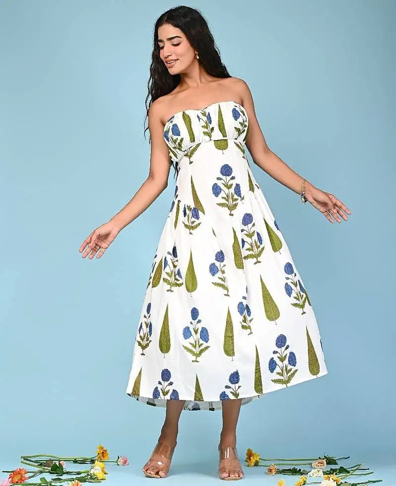 White block print cotton tube maxi-dress