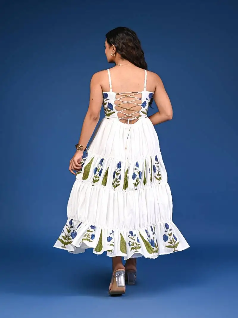 White block print tiered cotton maxi-dress