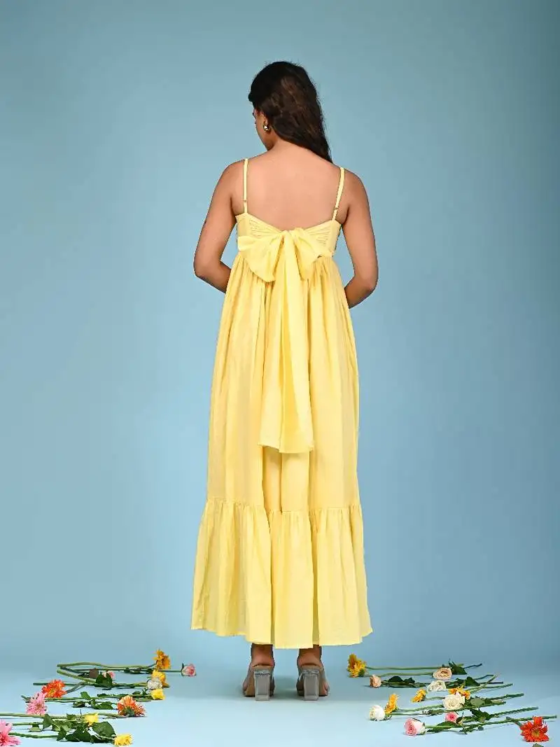 Butter yellow tiered cotton maxi-dress