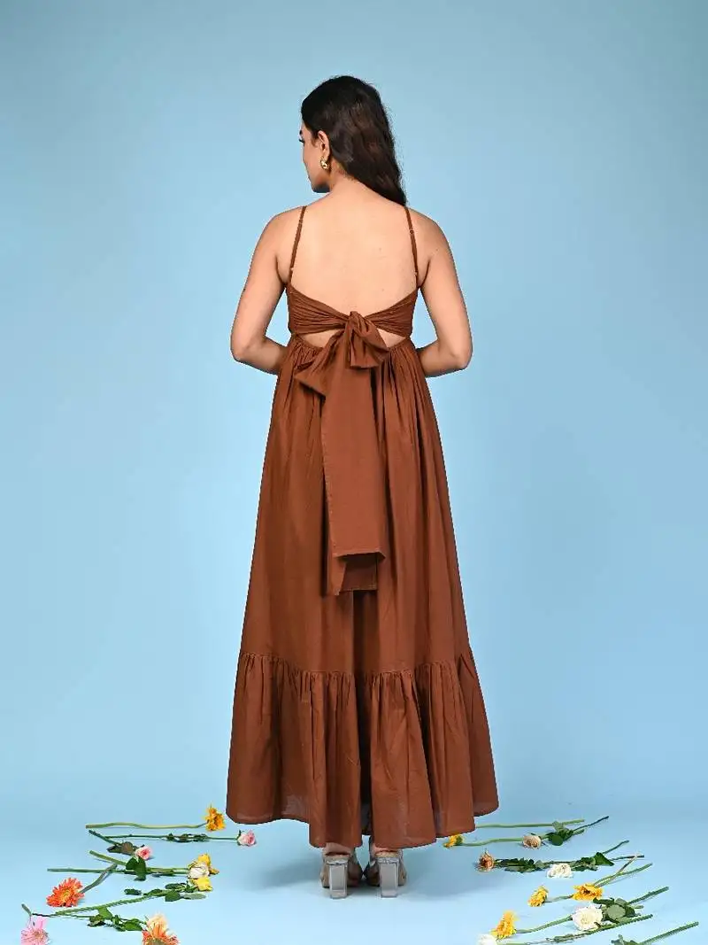 Brown tiered cotton maxi-dress