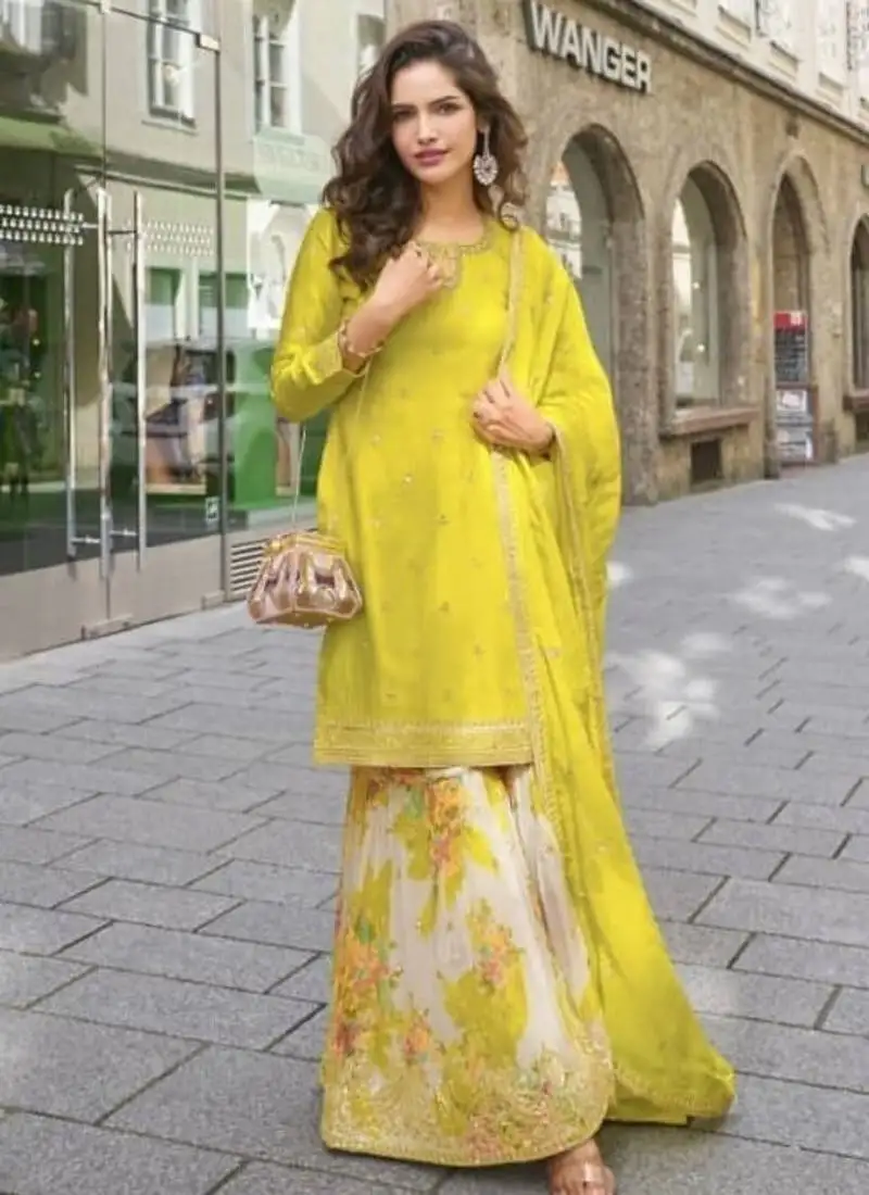 Lemon green party wear semi stitched gharara suits
