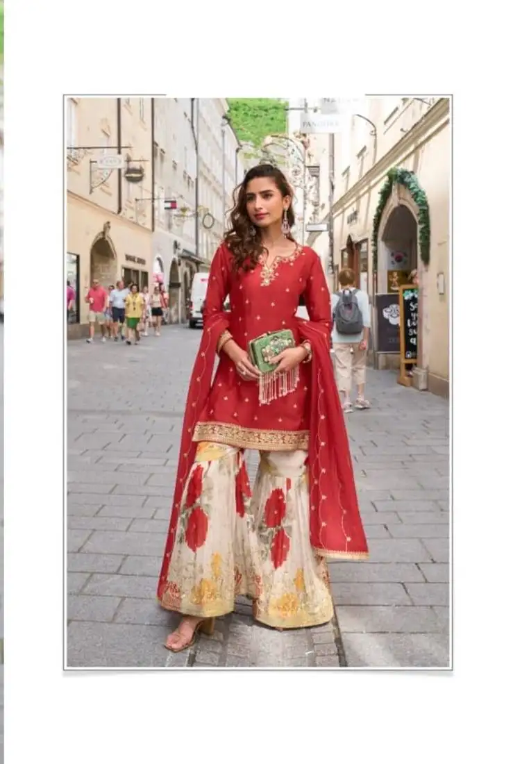 Red party wear semi stitched gharara suits