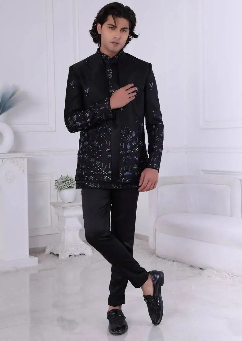 Black silk embroidered indo western for mens