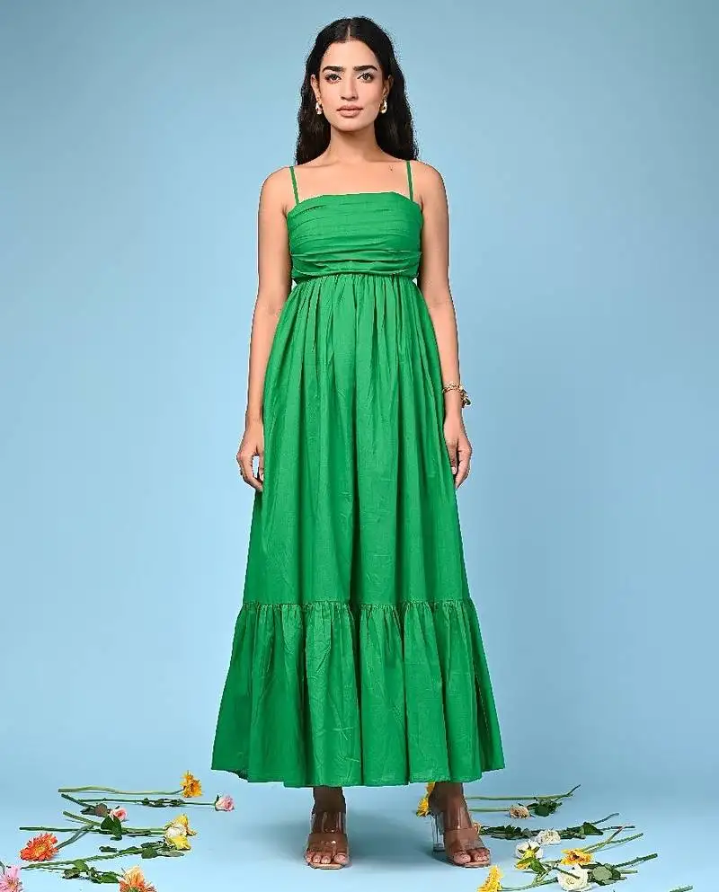 Green tiered cotton maxi-dress