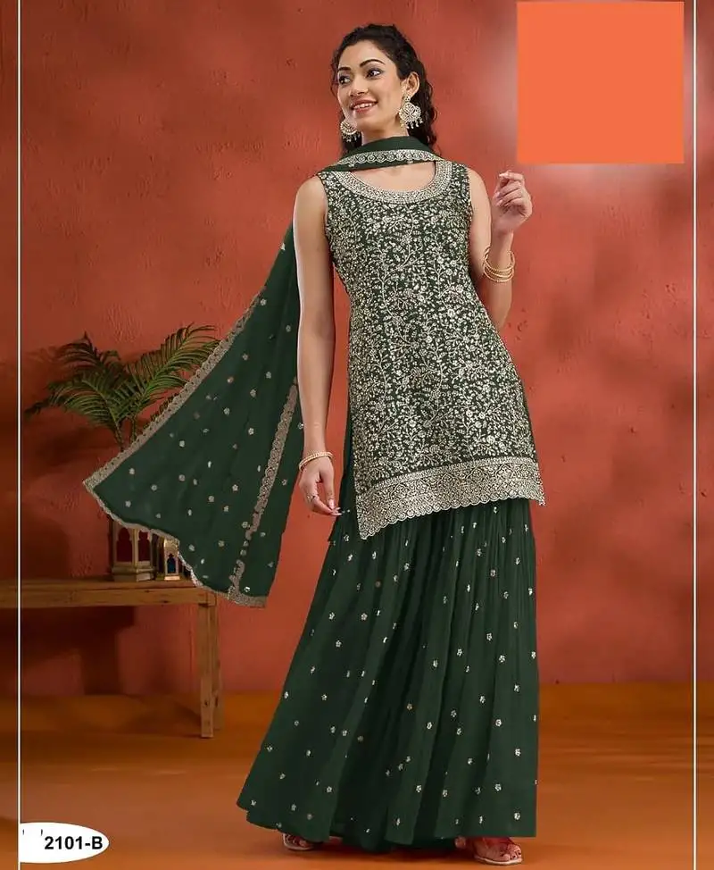 Dark green georgette semi stitched wedding suits