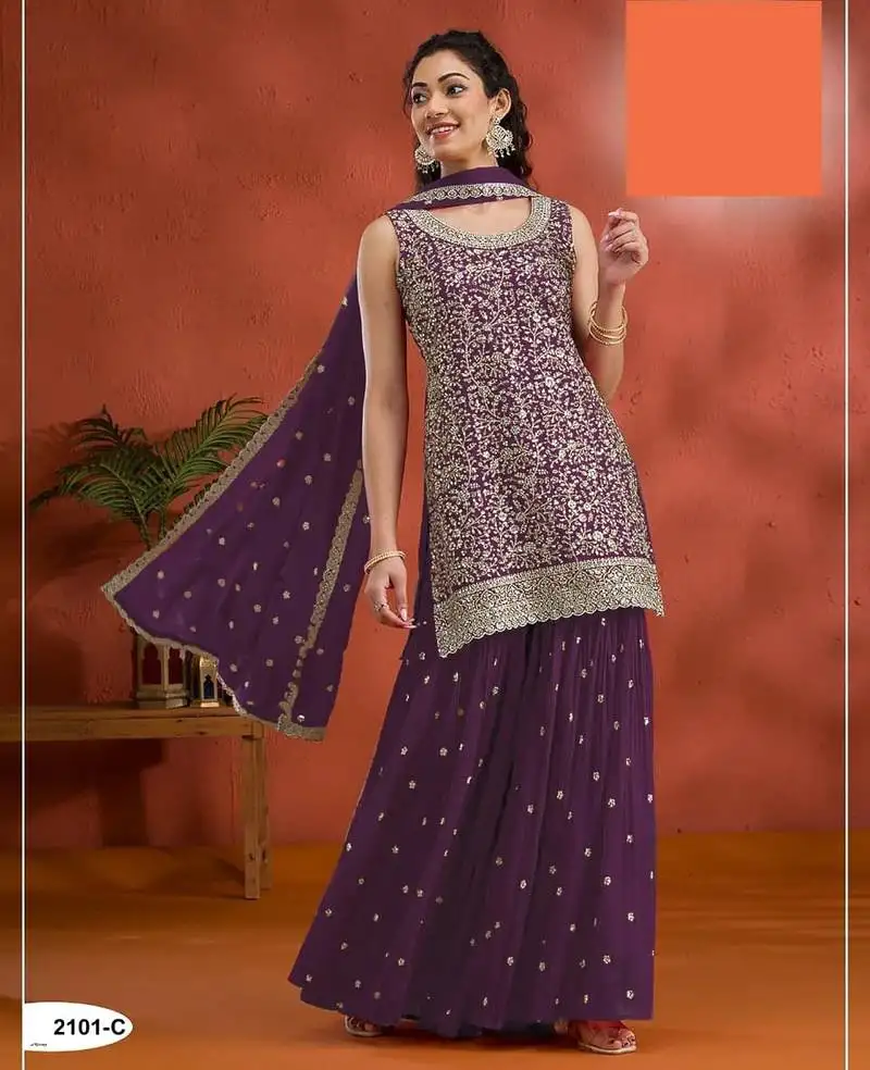 Dark purple georgette semi stitched wedding suits