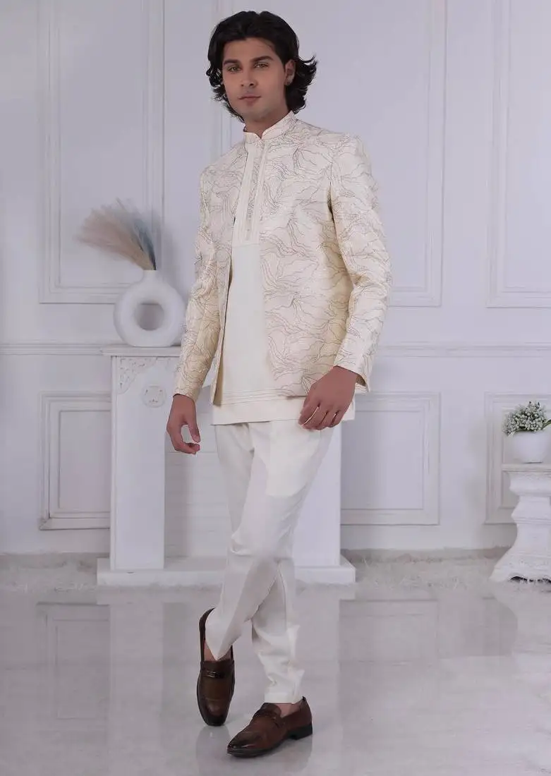 Cream silk embroidered indo western for mens