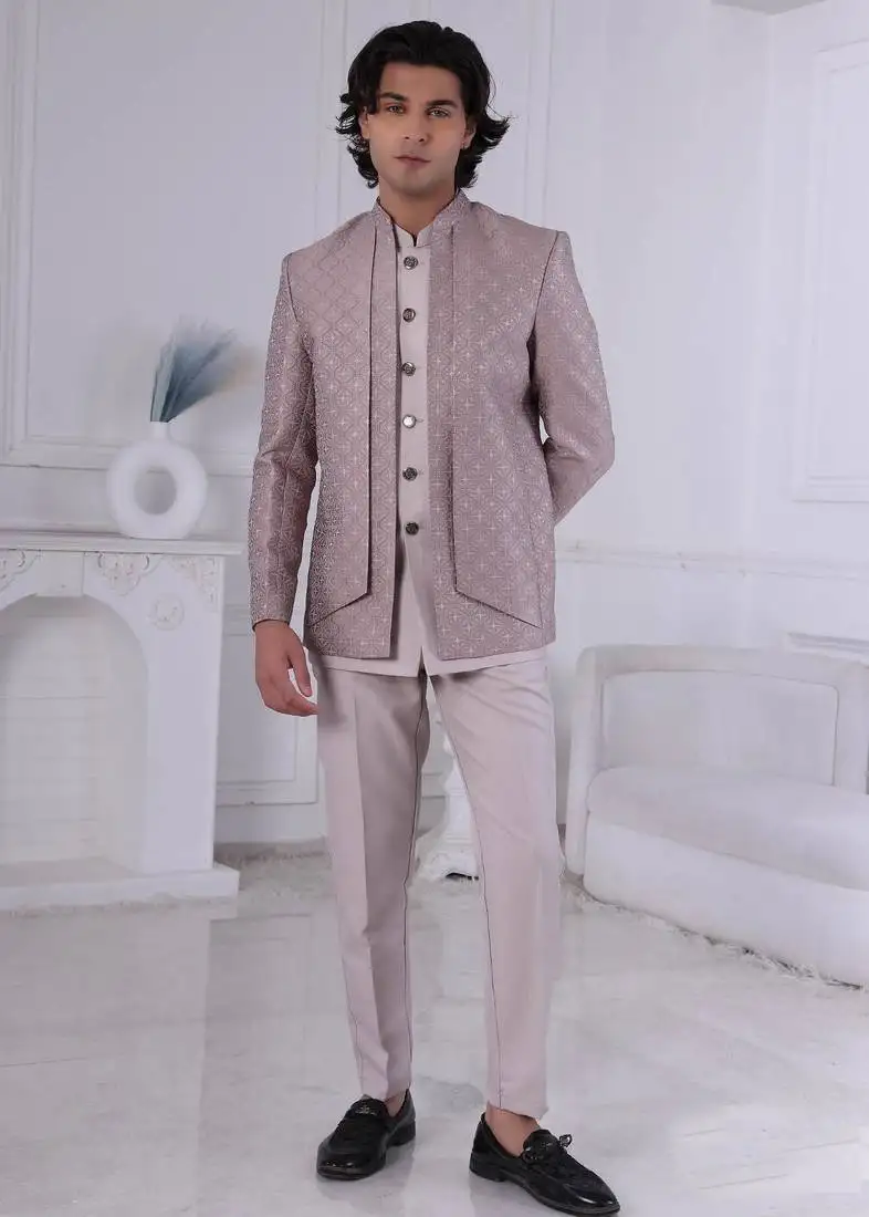 Brown jacquard embroidered indo western for mens