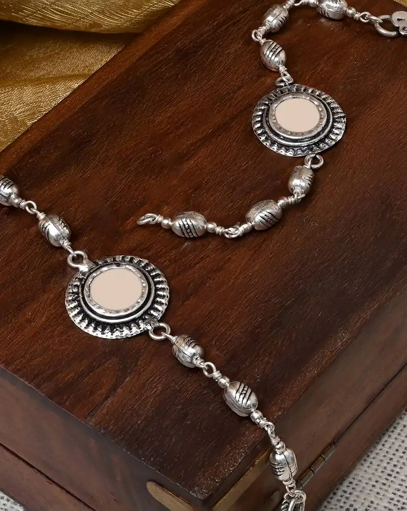 Textured disc motif silver anklet