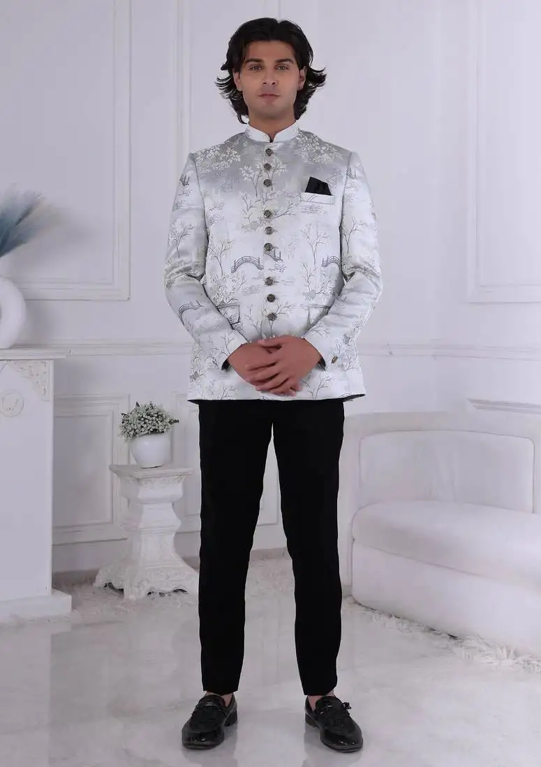 Grey jacquard embroidered bandhgala for mens