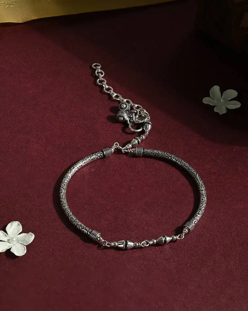 Cylindrical link silver anklet